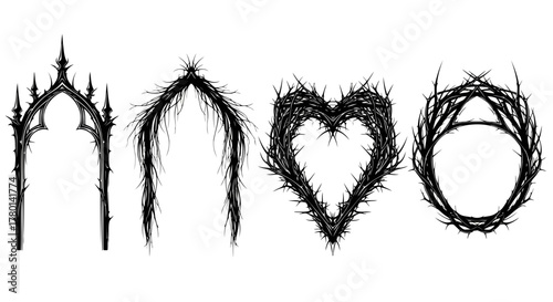 Gothic archway, thorny arch, heart shape, and circular frame made of branches and thorns
