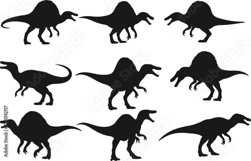 Spinosaurus dinosaur silhouettes collection on white background
