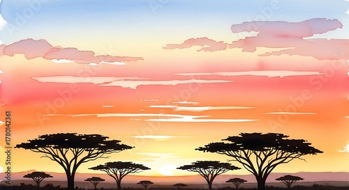 Watercolor painting of african savanna landscape with trees at sunset and colorful sky view art