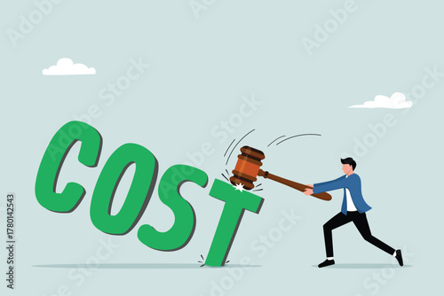 Cost reduction, businesses and companies keep costs low, cutting expenses or cost reduction in the concept of budget planning, a businessman reduces costs by dotting the letter T on the word COST.