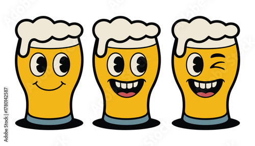 Three cartoon beer glasses with happy faces and frothy heads in vintage style vector