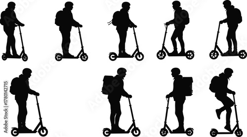 Vector silhouettes of people riding electric scooters with backpacks — city transport, delivery riders, eco mobility and urban commuting illustration