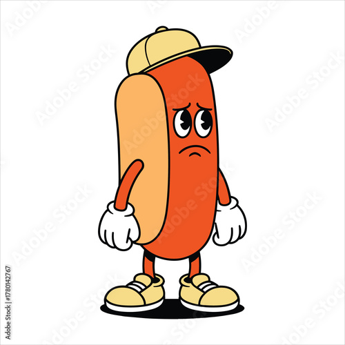 Sad cartoon hot dog character wearing a yellow baseball cap and sneakers unhappy