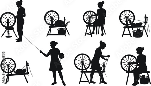 Vintage silhouettes of women spinning yarn on spinning wheels — traditional craft, textile making, fiber art, and wool production illustration