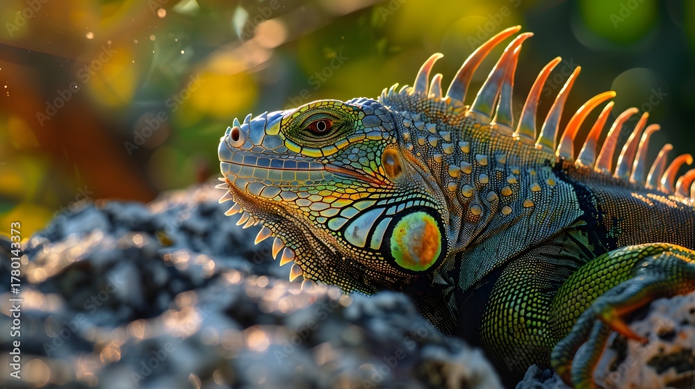 Fototapeta premium Vivid Color Iguana Lizard Close-Up Portrait With Spikes And Textured Scales In Sunlight