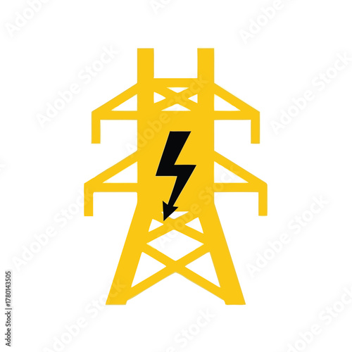 High voltage electricity pylon tower with lightning bolt icon, power transmission vector