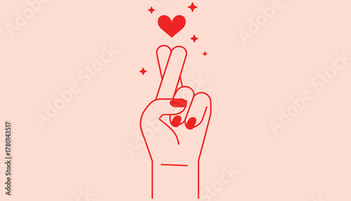 Red outline hand with crossed fingers and heart symbol with sparkles on pale pink background fingers crossed