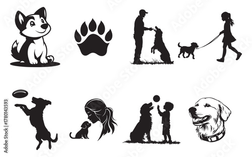 Dog Silhouette Collection with Training, Walking, and Playing Illustrations