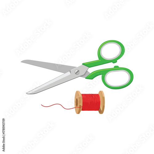Craft scissors and red thread spool vector illustration sewing supplies tailor tools