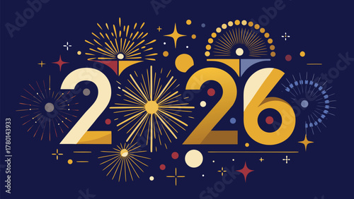 Happy new year 2026 festive vector illustration with fireworks