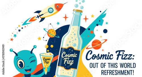 A whimsical retro-style advertisement for a cosmic-themed soda drink featuring an alien and a rocket.