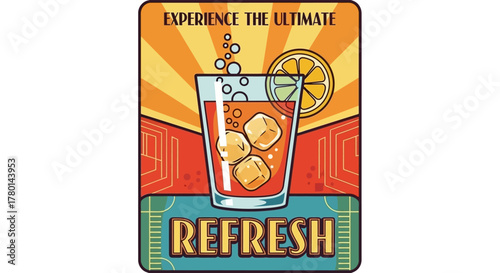 Vintage advertisement showcasing a refreshing beverage with ice cubes and a lemon slice.