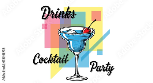 A vibrant cocktail party image featuring a blue drink in a glass with a cherry.