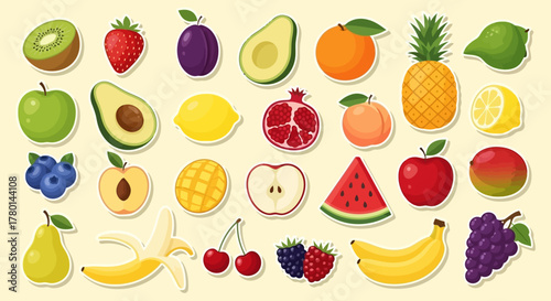 A vibrant collection of various fresh fruits arranged in rows against a light yellow background, showcasing a diverse assortment of healthy produce.