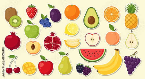 A vibrant collection of various fresh fruits including apples, oranges, bananas, strawberries, and more, depicted in a colorful cartoon sticker style.