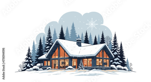 A cozy modern cabin with glowing windows nestled in a snowy winter forest landscape.