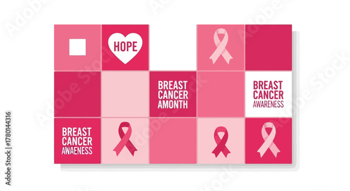 Pink squares with text and ribbons, promoting breast cancer awareness during the month.