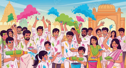 People celebrating Holi festival with colors and water guns in front of a temple.