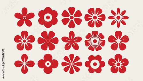 Collection of fifteen red stylized flower icons with varied petal designs on a light cream background