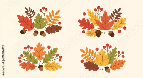 Four colorful autumn leaf arrangements with acorns and berries, perfect for fall designs.