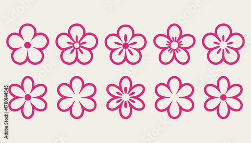 Ten stylized pink flower outlines with five petals each on a light beige background floral