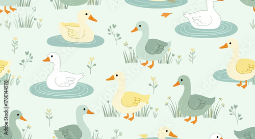 Seamless pattern with cute cartoon ducks and geese swimming in a pond with flowers.