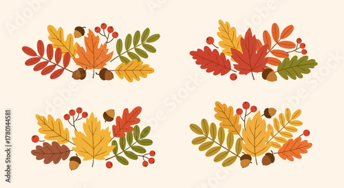 Four autumn leaf arrangements with acorns and berries in fall colors.