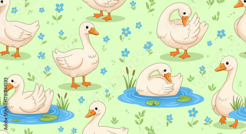 A charming illustration showcasing a seamless pattern featuring adorable white geese amidst a serene, floral-filled environment.