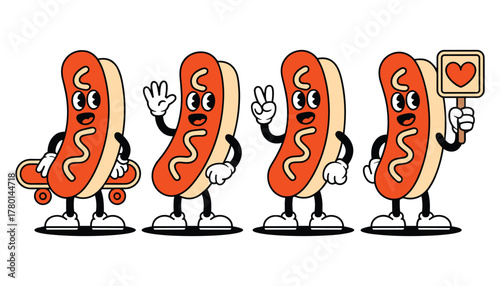 Four cartoon hot dogs with faces and limbs in retro style performing different actions vintage character
