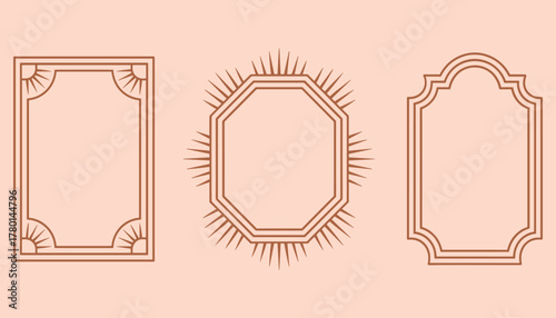 Three decorative geometric frames with sunburst elements in terracotta brown on a pale peach background