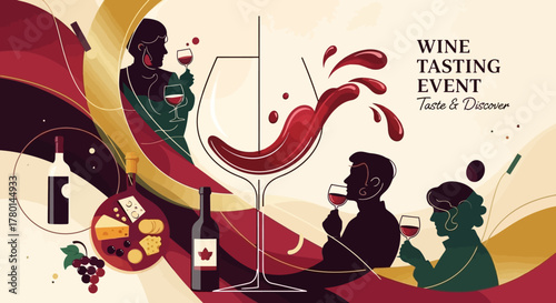 Elegant Wine Tasting Event Illustration with Silhouettes and Splashes