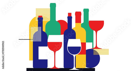 Colorful Array of Wine Bottles and Glasses A Celebration of Flavors