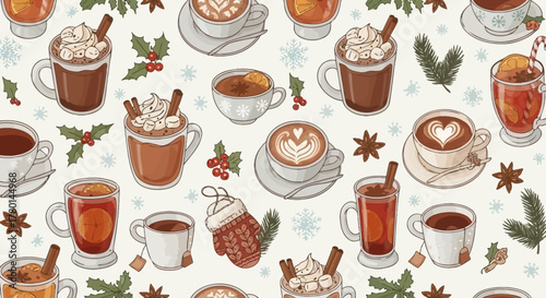 A detailed illustration showcasing various warm beverages, including coffee, tea, and hot chocolate, with festive decorations.