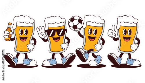 Four cartoon beer glasses with arms and legs in different poses holding a bottle and a soccer ball beverage
