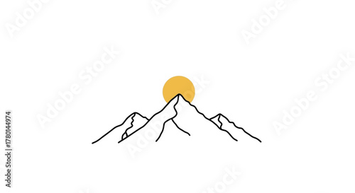 Minimalist Mountain Peak Illustration with Rising Sun - Serene and Simple Design