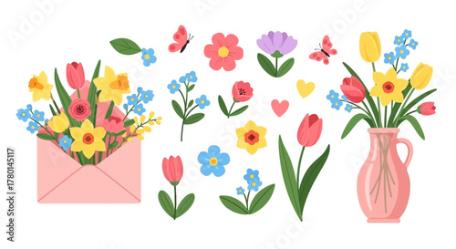 A collection of colorful spring flowers, including tulips, daffodils, and forget-me-nots, arranged in an envelope and a vase, with butterflies and hearts.