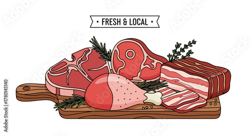An illustration of various fresh and local raw meat cuts including steak, bacon, and a chicken drumstick on a wooden board with herbs.