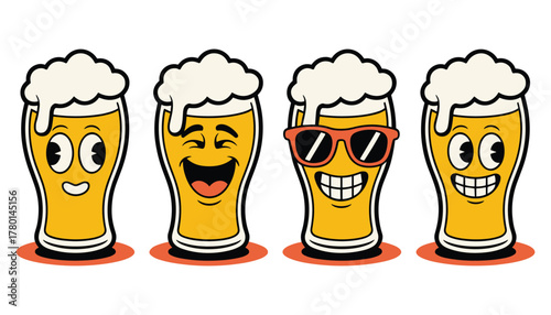 Four cartoon beer glasses with different happy facial expressions and foamy heads character