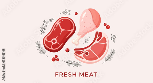 An illustration showcasing various cuts of fresh meat, including steak and a chicken leg.