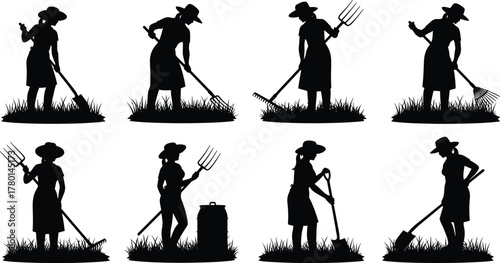 Silhouette of women farmers working with garden tools in field, female agricultural workers with rakes and pitchforks, farming vector illustration concept