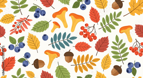 Autumnal Abundance Seamless Pattern of Fall Foliage, Mushrooms, Berries, and Acorns