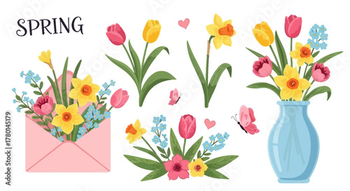 Spring flower illustrations: tulips, daffodils, forget-me-nots, in envelope, vase, and arrangements.
