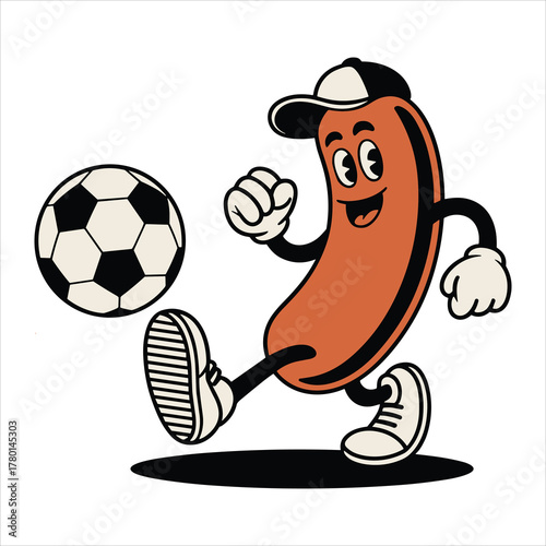Cartoon sausage character wearing a baseball cap kicking a soccer ball in retro style hot dog