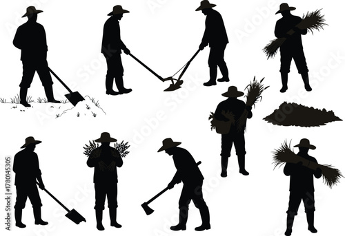Silhouette vector illustration of farmers harvesting crops and working in field with shovel and sickle, agriculture, rural farming and cultivation concept design