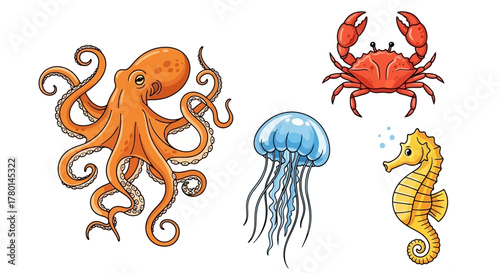 Marine Life Creatures Octopus, Crab, Jellyfish, Seahorse Illustration