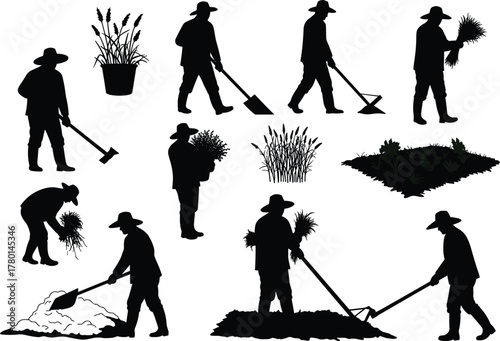 Silhouette vector illustration of farmers harvesting wheat and cultivating crops with shovel and hoe, rural agriculture, farming labor and cultivation concept design