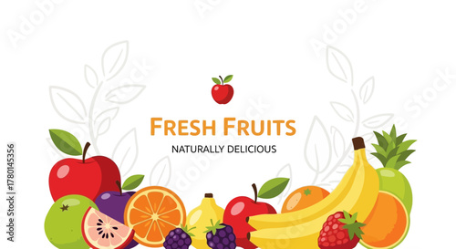 Colorful assortment of fresh, delicious fruits like apples, bananas, and berries on a white background.