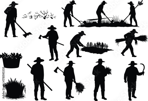 Silhouette vector illustration of farmers harvesting crops and working with hoe and sickle, traditional agriculture, rural farming labor and cultivation concept