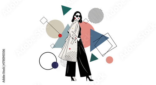 Fashion illustration of a chic woman with sunglasses surrounded by colorful geometric shapes.