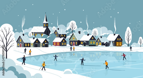 Winter Village Scene with Ice Skating, Festive Holiday Atmosphere